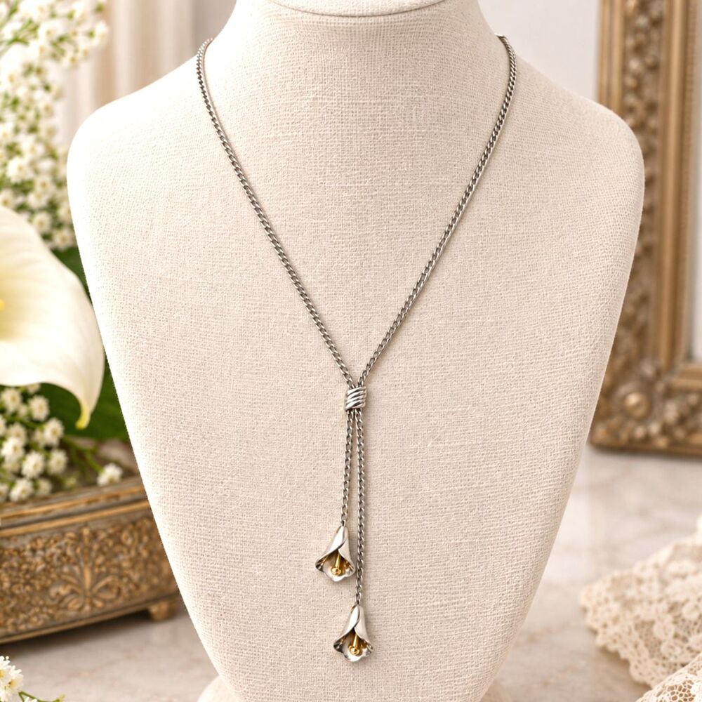 Vintage 1970s Avon Calla Lily Lariat Necklace Silver Tone Floral Y Drop 22"